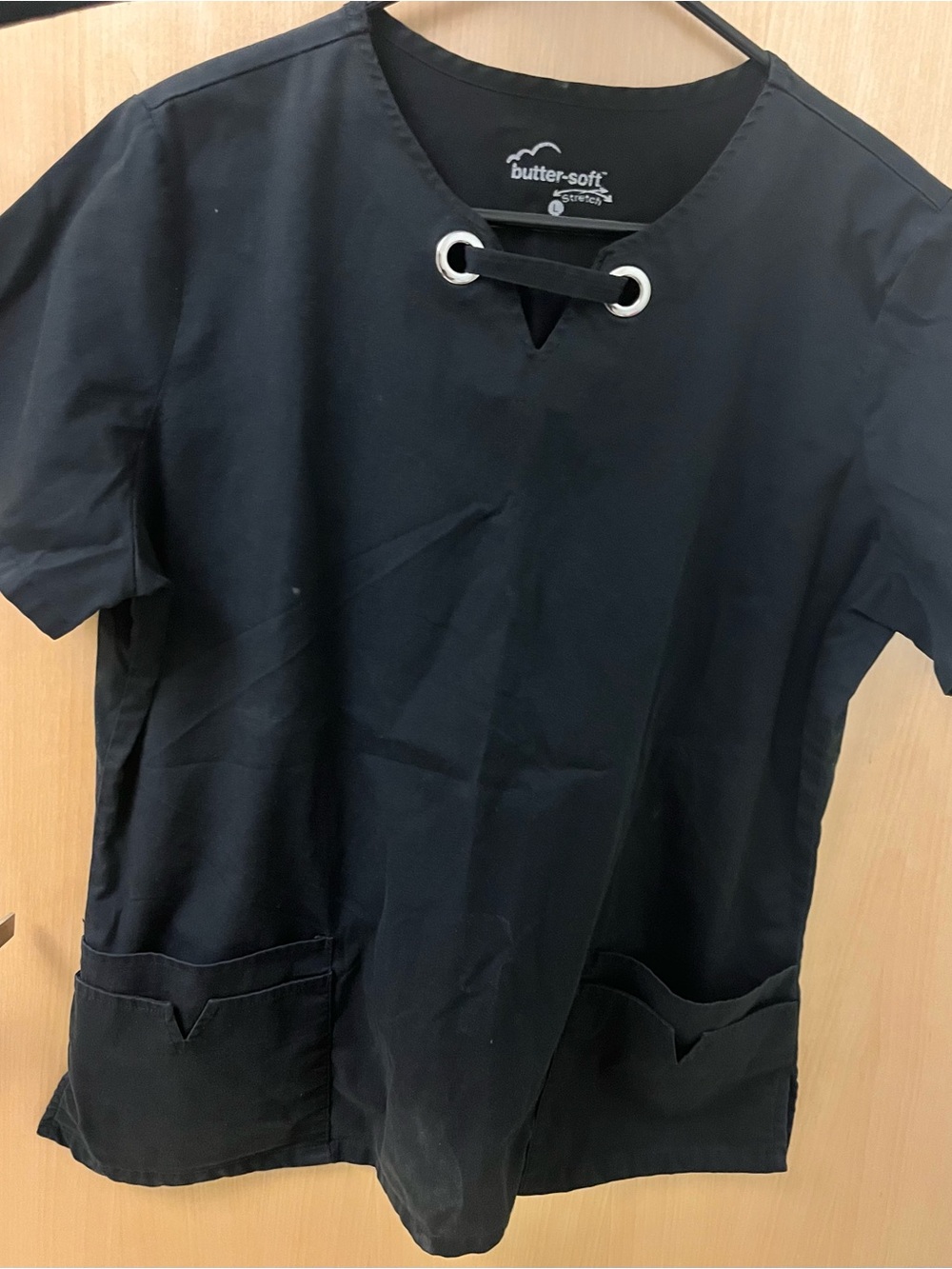 Butter-Soft Black Women’s Short-Sleeve Scrub Top with Grommet Detail